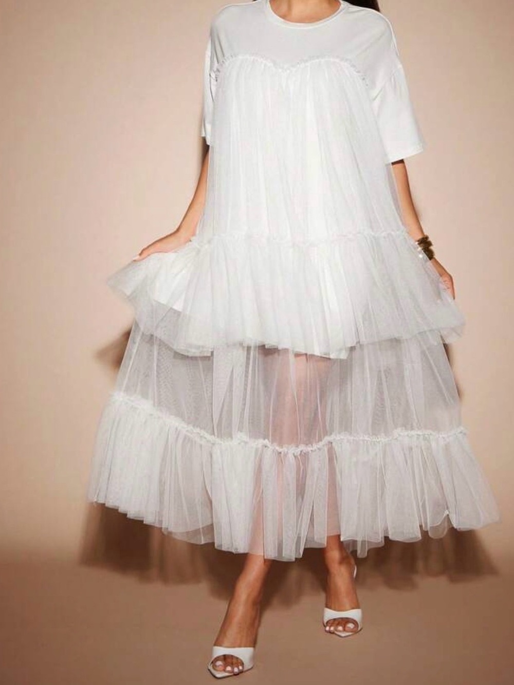 Sheer Tiered White Tulle Maxi Dress